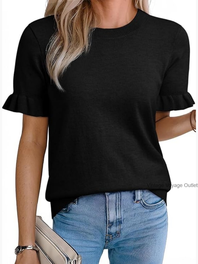 Women's Wool Blend Puff Sleeve Crewneck Sweater Summer Knit Top
